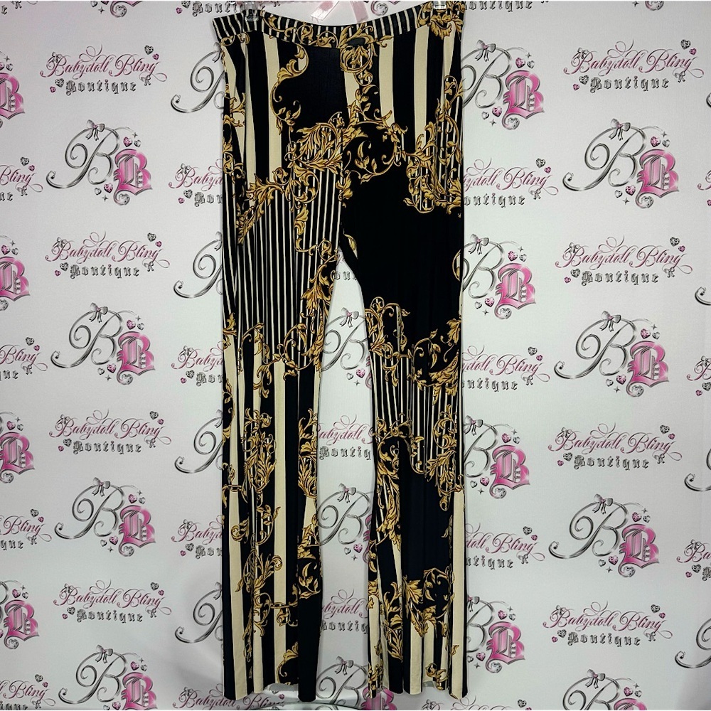 Win win apparel pants baroque striped black gold ornate stripes stretchy comfy